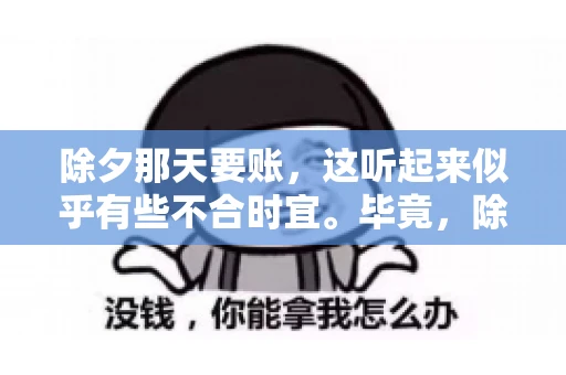 除夕那天要账，这听起来似乎有些不合时宜。毕竟，除夕是团圆的时刻，家家户户都在享受着节日的欢乐。然而，在现实生活中，总有一些人因为各种原因，不得不在这样一个特殊的日子里，去处理一些不那么愉快的事情，比如要账。今天，我们就来聊聊这个话题，看看在除夕那天要账，究竟是一种怎样的体验。
